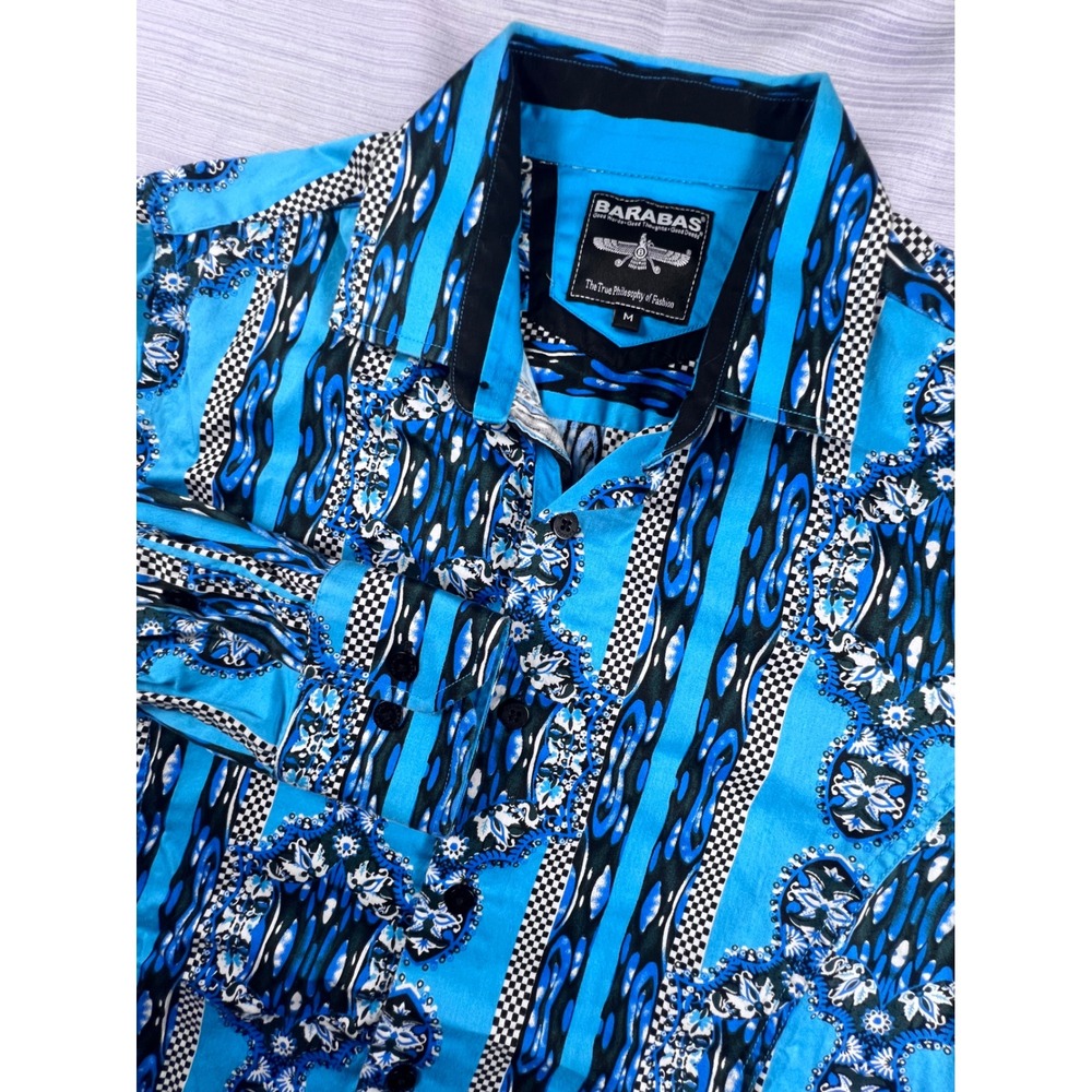 Barabas Mens Medium Blue Paisley Checkered Geometric LongSleeve ButtonDown Shirt